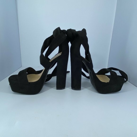 5.5” Lace Up Ankle open toe Chunky platform Sexy heel Black Faux Suede sz 9 - Picture 6 of 6